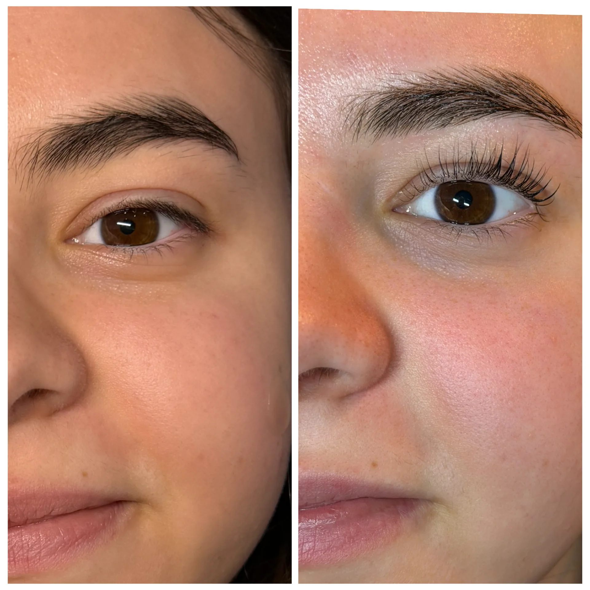 Before and after comparison of eyebrow and lash beauty treatment results.